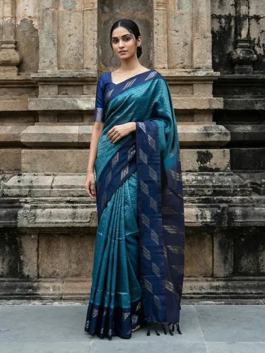 Kanjivaram Teal Blue Check Saree